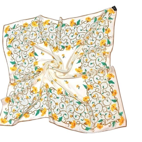 Vintage Ray Strauss Silk Scarf Ivory Floral Green Yellow Tan 35x35” Japan - Picture 5 of 10